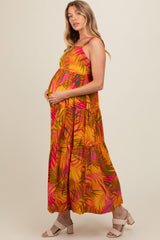 Orange Tropical Tiered Maternity Maxi Dress