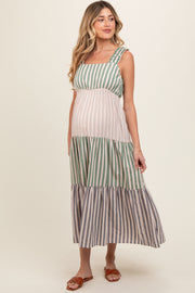 Green Colorblock Striped Tiered Maternity Midi Dress