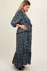 Teal Printed Tie Front Kimono Maternity Dress