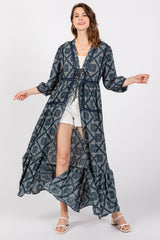 Teal Printed Tie Front Kimono Maternity Dress