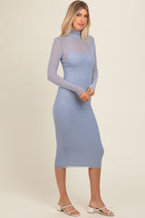 Blue Mesh Overlay Fitted Midi Dress