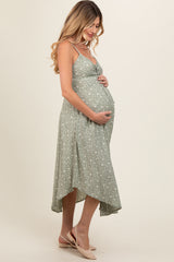 Light Olive Cinched Tie Front Maternity Midi Dress