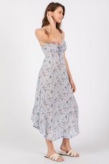 Light Blue Floral Cinched Tie Bust Midi Dress