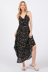 Black Floral Cinched Tie Bust Midi Dress