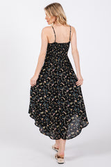 Black Floral Cinched Tie Bust Midi Dress