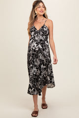 Black Tropical Floral Front Tie Maternity Midi Dress