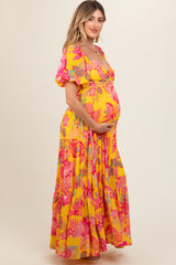 Yellow Floral Sweetheart Neck Tiered Maternity Maxi Dress