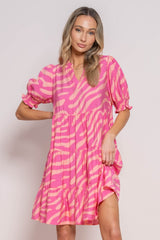 Pink Split V-Neck Smocked Short Sleeve Tiered Dress