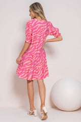 Pink Split V-Neck Smocked Short Sleeve Tiered Dress