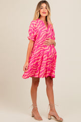 Pink Split V-Neck Smocked Short Sleeve Tiered Maternity Dress