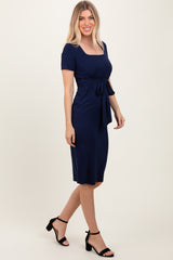 Navy Square Neck Belted Midi Dress