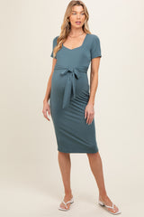 Blue Square Neck Belted Maternity Midi Dress