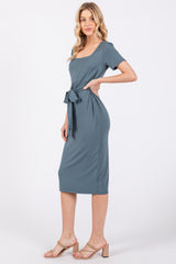 Blue Square Neck Belted Midi Dress