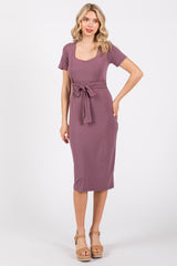 Purple Square Neck Belted Midi Dress