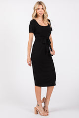 Black Square Neck Belted Midi Dress