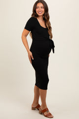 Black Square Neck Belted Maternity Midi Dress