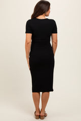 Black Square Neck Belted Maternity Midi Dress