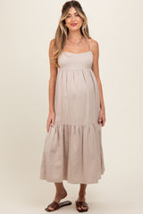 Taupe Square Neck Sleeveless Tiered Maternity Maxi Dress