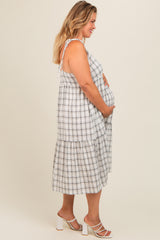 Ivory Plaid Shoulder Tie Maternity Plus Midi Dress