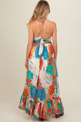 Cream Floral Smocked Halter Cutout Maternity Maxi Dress