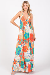 Cream Floral Smocked Halter Cutout Maxi Dress