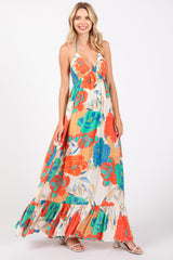 Cream Floral Smocked Halter Cutout Maxi Dress