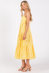 Yellow Floral Cutout Tie Back Midi Dress