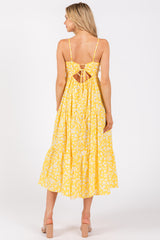 Yellow Floral Cutout Tie Back Midi Dress