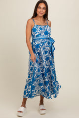 Blue Floral Crochet Accent Waist Tie Maternity Dress