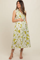 Green Floral Printed Sleeveless Maternity Midi Shirt Dress