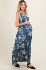 Blue Floral Sleeveless Knotted Maternity Maxi Dress