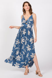 Blue Floral Sleeveless Knotted Maxi Dress