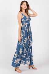 Blue Floral Sleeveless Knotted Maxi Dress