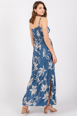 Blue Floral Sleeveless Knotted Maxi Dress