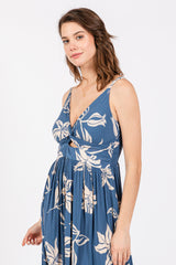 Blue Floral Sleeveless Knotted Maxi Dress