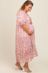 Light Pink Floral Front Tie Button Up Maternity Plus Maxi Dress