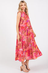 Fuchsia Floral Ruffle Mock Neck Tiered Midi Dress