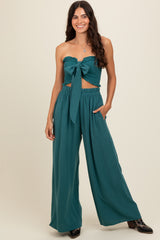 Teal Front Tie Crop Top and Pant Set