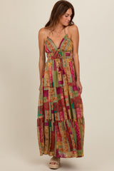 Olive Patchwork Print Halter Maxi Dress