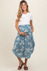 Blue Floral Smocked Waist Round Hem Maternity Midi Skirt