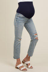 Light Blue Distressed Open Knee Cropped Flare Maternity Jeans