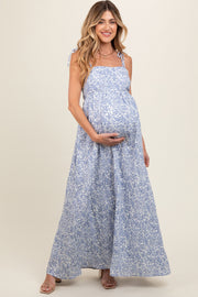 Blue Leaf Print Shoulder Strap Maternity Maxi Dress