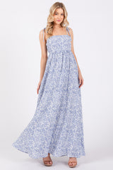 Blue Leaf Print Shoulder Strap Maternity Maxi Dress