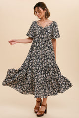 Black Floral Ruched Strappy V-Neck Front Puff Short Sleeve Midi Dress