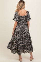 Black Floral Ruched Strappy V-Neck Front Puff Short Sleeve Maternity Midi Dress