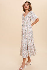 Cream Floral Ruched Strappy V-Neck Front Puff Short Sleeve Midi Dress