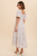 Cream Floral Ruched Strappy V-Neck Front Puff Short Sleeve Midi Dress