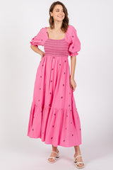 Pink Gauze Smocked Embroidered Square Neck Midi Dress