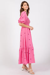 Pink Gauze Smocked Embroidered Square Neck Midi Dress