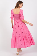 Pink Gauze Smocked Embroidered Square Neck Midi Dress